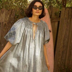 Innika Choo Smocked Floral Embroidered Eyelet Linen Dress